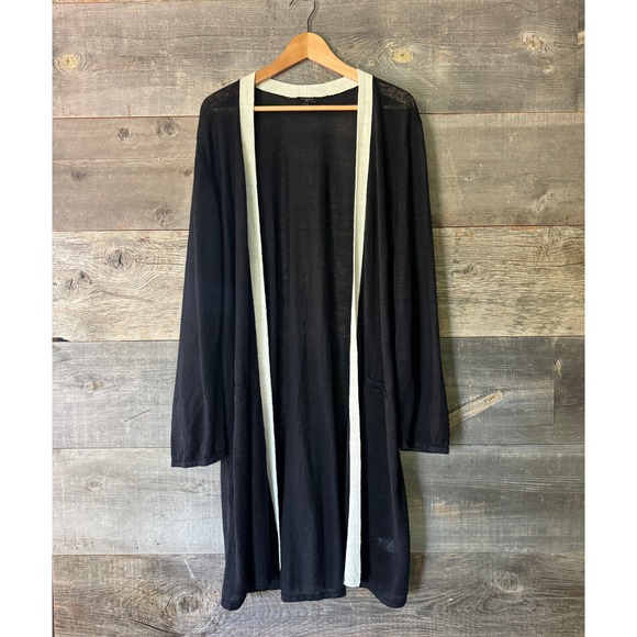 Talbots Linen Blend Duster Long Cardigan 2X Black White Lightweight Lagenlook - Picture 1 of 8